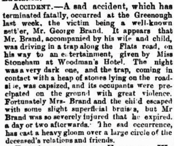 George Brand Death Notice, Buggy Accident, Greenough