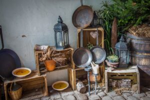 Country life, pots, pans, barrel, cobble stones